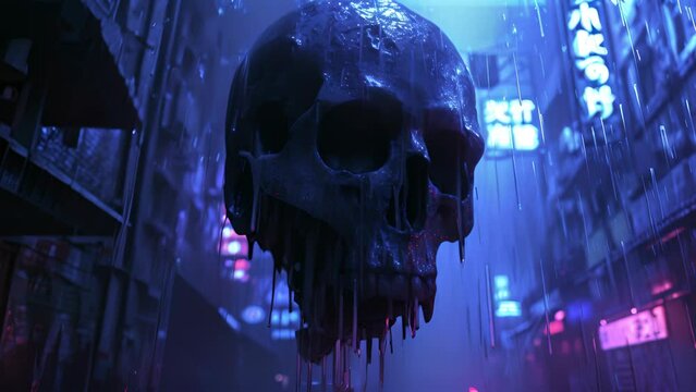 A skull is suspended in the air with rain falling on it. The scene is set in a city with neon lights and signs. Scene is dark and eerie, with the skull being the main focus