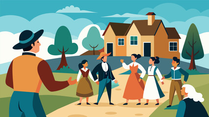 Fototapeta premium The guide leading a group of visitors through a preserved colonial village complete with actors dressed in period costumes showcasing what life was. Vector illustration