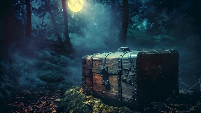A wooden chest is sitting on a rock in a forest. The chest is surrounded by smoke, giving the scene a mysterious and eerie atmosphere