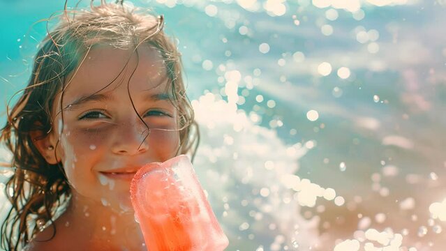 A young girl is smiling and holding a red popsicle. Concept of happiness and enjoyment, as the girl is having fun while eating her treat