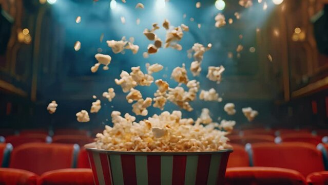 Popcorn exploding joyfully out of a striped bucket in a dimly lit cinema with red seats.
