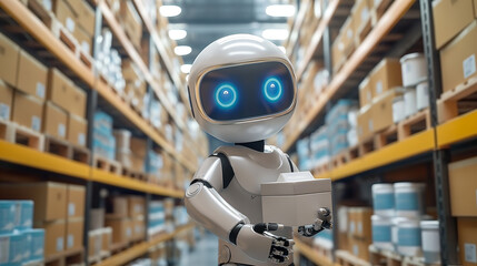 Innovative industry robot working in warehouse for human labor replacement . Concept of artificial intelligence for industrial revolution and automation manufacturing process . Generative AI