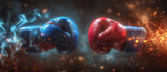 Two boxing gloves punch. fighting boxing gloves with copy space on both sides. Generative AI