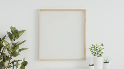 Empty white frame on the wall next to the plant
