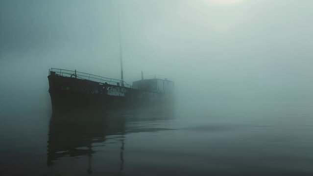 A foggy, misty day with a ship floating in the water. The boat is old and abandoned, and the water is murky. The scene has a sense of mystery and unease, as if something is lurking beneath the surface