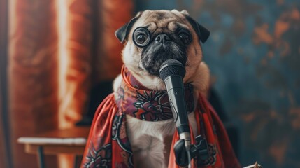 Pug in an opera singers costume with a dramatic scarf and microphone