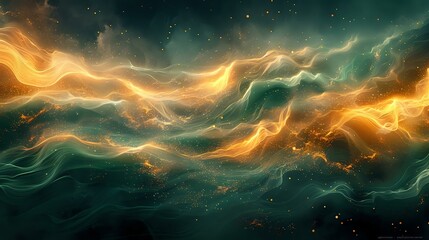 Rhythmic Elegance: Abstract Digital Art with Fluid Emerald Waves and Shimmering Glow
