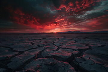 Under a blood-red sky - a desolate wasteland stretches eerily far and wide - evoking a foreboding - hellish atmosphere