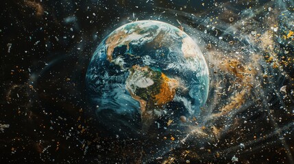 Planet Earth in a swirl of cosmic dust and debris, representing environmental vulnerability and space exploration concepts