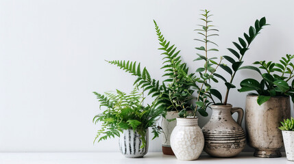 Plants in jugs on white background. Group of potted plants sitting on top of a wooden table. The plants are all different shapes and sizes, and they are all green. 