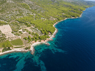 AERIAL: Flying above the rugged rocky coastline of Hvar with terraced fields.