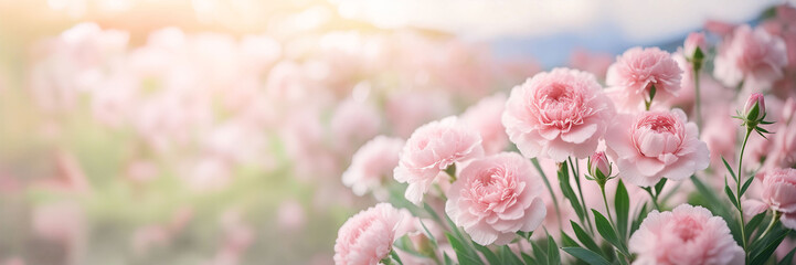 A bouquet of soft pink carnations surrounded by greenery, pastel a blurred white background.