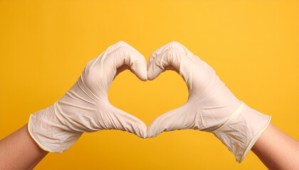 Obraz premium Hands in white medical gloves showing heart gesture. World health day. Yellow background.