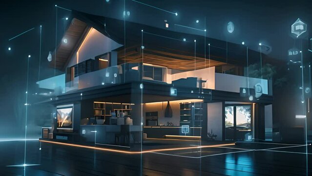 Tech-Driven Decor: chic home interior featuring digital smart home system icons