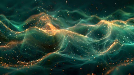 Gilded Tranquility: Abstract Digital Art with Emerald Green Waves and Golden Shimmer - obrazy, fototapety, plakaty