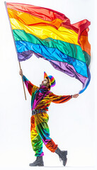 A man in a rainbow outfit holding a flag. The flag is a rainbow flag with the colors red, orange, yellow, green, blue, and purple