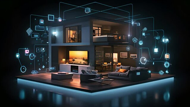 Digital Elegance: contemporary room showcasing smart home icons for lighting and climate control
