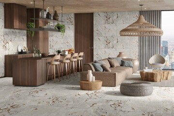 Modern bright kitchen and dining room interior with furniture and kitchenware, grey, black and dark kitchen interior background, luxury kitchen. Mock up. 3D Illustration. 3D Rendering