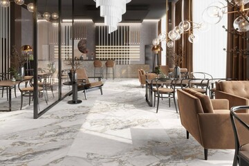 Interior of modern restaurant with white marble walls, ceramic floor, bar counter tables, wooden shelfs, sofa in the background. Vertical mock up poster. 3D Rendering