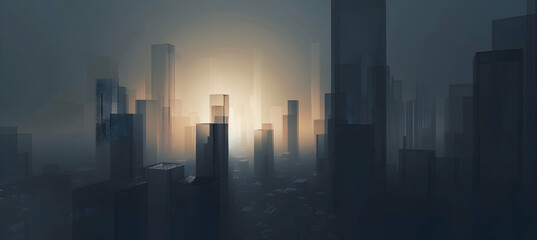 Abstract geometric shapes forming a city skyline at dusk, rendered in shades of dark gray and midnight blue, with the precision and clarity of an HD camera