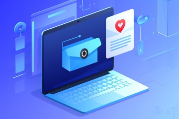 An illustration of a laptop with a blue envelope icon on the screen and a red heart icon in the corner.