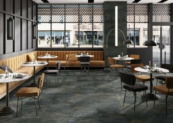Cozy interior of restaurant, copy space. Comfortable modern dining place, contemporary design background, wall in white bricks tile, hanging lamps, wooden furniture. 3D Rendering