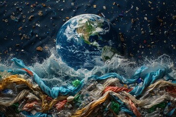 Globe of Earth wrapped in ocean waste, visualizing the consequences of pollution in marine environments, concept of preserving natural ecosystems - obrazy, fototapety, plakaty