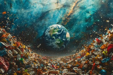 Planet Earth engulfed in sea of waste with cosmic backdrop, illustrating environmental pollution and space debris issues, concept of ecological crisis and global responsibility