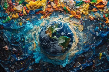 Artistic portrayal of Earth engulfed in plastic, emphasizing the critical environmental issue of pollution and need for sustainable practices