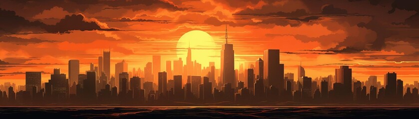 Naklejka premium An illustration of a cityscape with a large sun setting behind it