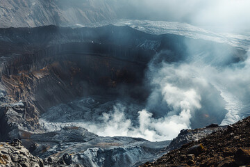 A desolate volcanic crater emits steam and ash - its rugged terrain and eerie silence painting an otherworldly - hellish landscape