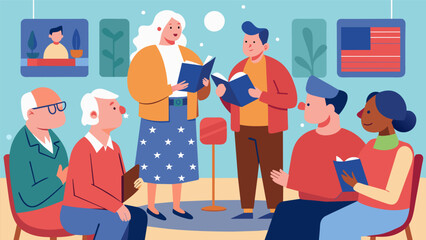 The local retirement home hosts a patriotic poetry reading allowing the elderly residents to share their own memories and experiences of living. Vector illustration