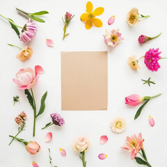 Beige sheet of paper on the table with flowers and leaves
