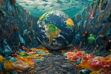 Earth at the center of a textured tunnel of plastic waste, calling attention to the issue of non-biodegradable pollutants, concept of environmental urgency and conservation