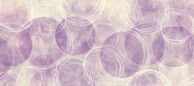 A calming high-definition image showcasing a repeating pattern of circles and criss-crossing lines in soft lavender and gentle cream colors