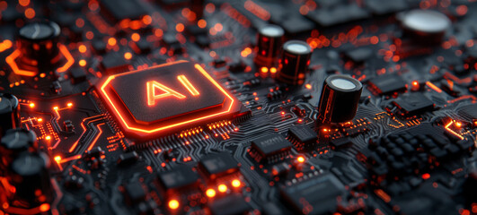 A close up detail of a computer chip, is surrounded by a black circuit board, or artificial intelligence system with an orange glowing light.