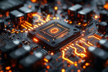 A close up detail of a computer chip, is surrounded by a black circuit board, or artificial intelligence system with an orange glowing light.