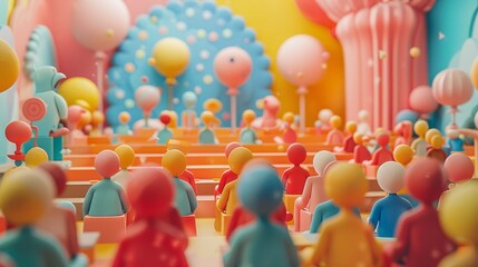 A 3D rendering of a colorful classroom with a teacher at the front and students sitting in rows.
