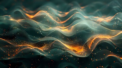 Ethereal Glow: Abstract Digital Art with Fluid Emerald Waves and Shimmering Gold