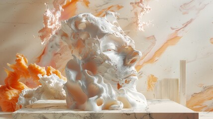 A 3D rendering of a white and orange sculpture that looks like a human face with its eyes closed.