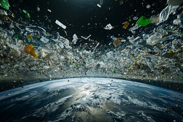 Plastic debris orbiting around Earth, highlighting severe global pollution and environmental neglect Concept of global waste crisis, space pollution, environmental impact, and Earth protection