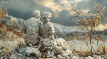 A beautiful diorama of a couple sitting on a rock overlooking a lake. The sky is cloudy and the water is still. The man and woman are made of stone and the grass is made of metal.
