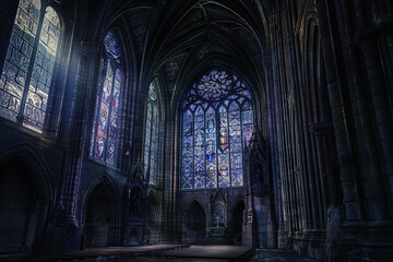 A gothic cathedral's dimly lit interior during a thunderstorm