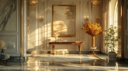 A beautiful living room with a large painting, a vase of flowers, and a marble floor.