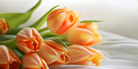 Orange tulips arranged beautifully on a white cloth.