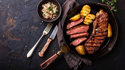 Frying pan with fried meat and potatoes on a black background
