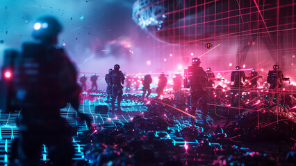 Fototapeta premium Cybernetic Clash: Armies Meet on a 3D Grid