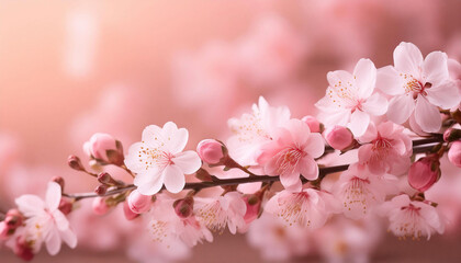 Obraz premium Branch of pink cherry blossoms blooming in a garden at sunset, soft blur background.