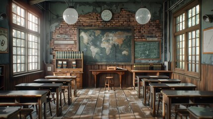 A classroom with wooden desks and chairs, a blackboard, and a world map on the wall. - Powered by Adobe