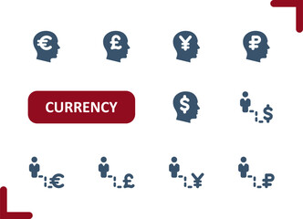 Currency Icons. Dollar, Euro, Pound, Yen, Yuan, Ruble, Money, Businessman, Business Icon